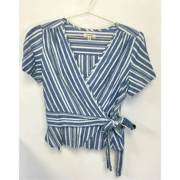 Max Studio Womens Medium Peplum Wrap Top Blue Ivory Stripe Side Tie Linen V Neck - Picture 1 of 10